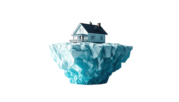 A small house perched atop a fragmented iceberg, with a deep black background