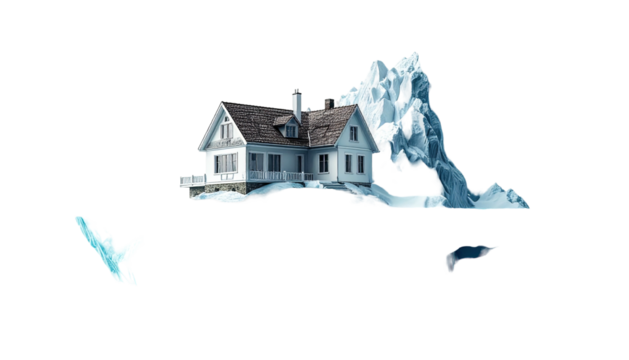 A house sits on snow near an iceberg, birds fly against a black backdrop