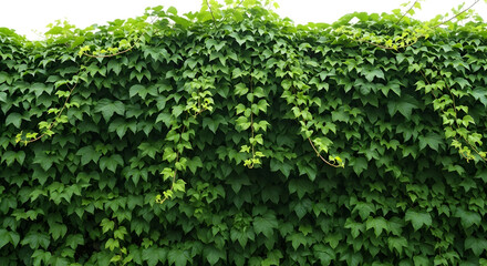 Lush green ivy covering a wall with hanging vines and dark background