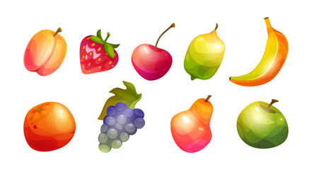 Food elements fruits for cartoon game design UI. Vector in flat style, isolated grapes and banana, apple and peach, lemon and pear, orange or grapefruit, cherry and strawberry with leaf in rows