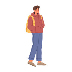 Fototapeta premium Strolling teenager with bag on shoulders. Vector isolated male character wearing casual clothes walking to school or university. Student or young man going on walk outside to clear head