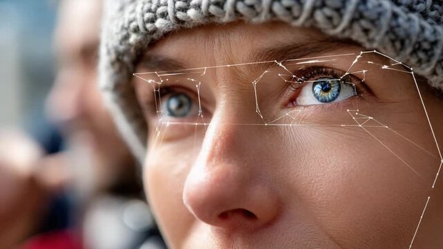 Focused Gaze: Captivating close-up of a person's eyes, accented by digital elements, conveying a sense of concentration and technological integration. 