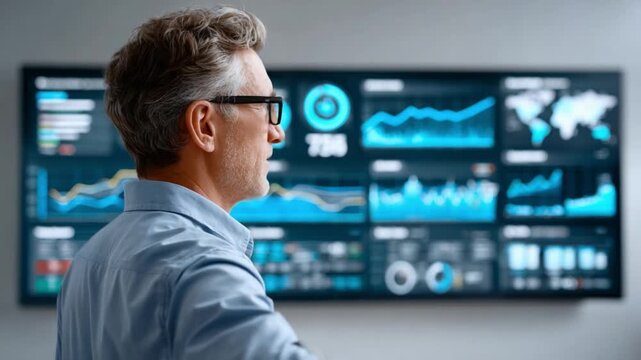 Data Analyst Contemplating Analytics: A seasoned data analyst, framed against the vibrant backdrop of an expansive digital display.