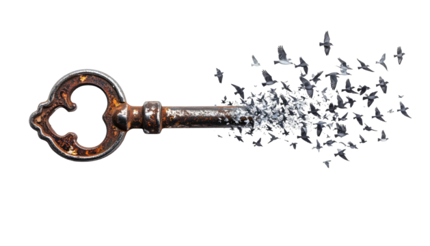 A rusty key dissolving into a flock of birds against a solid black backdrop