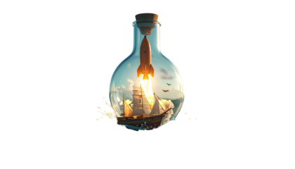 A rocket blasting off inside a light bulb, with a sailboat in ocean at sunset