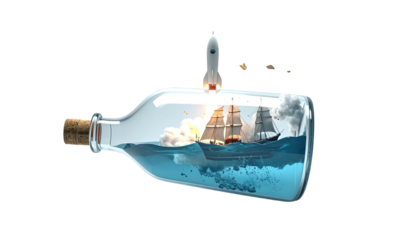 A surreal image combining a ship in a bottle, a rocket, and space elements, with a black background