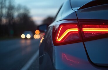 Car taillight glows red in twilight traffic jam. Other vehicles lights blur on wet road. Evening commute, urban street, congestion, automotive.