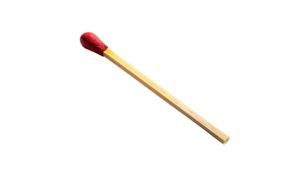 A single matchstick, showing the head and wooden stick, isolated on a black background