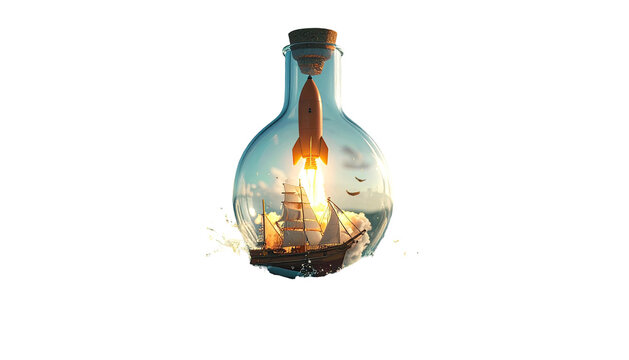 A rocket blasting off inside a light bulb, with a sailboat in ocean at sunset