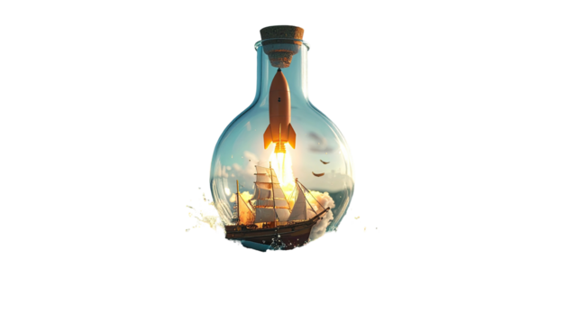 A rocket blasting off inside a light bulb, with a sailboat in ocean at sunset