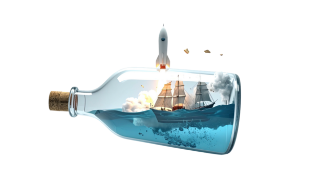 A surreal image combining a ship in a bottle, a rocket, and space elements, with a black background - Powered by Adobe