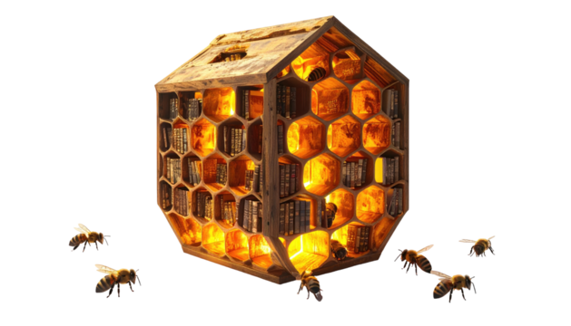 Artistic honeybee hive with hexagonal structures, illuminated, and surrounded by flying bees