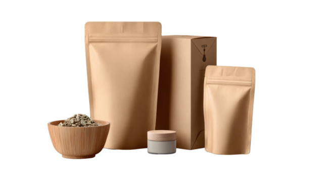 Eco-Friendly Packaging: An assortment of eco-friendly packaging, embodying sustainability with kraft paper bags and containers, alongside a wooden bowl filled with natural herbs.