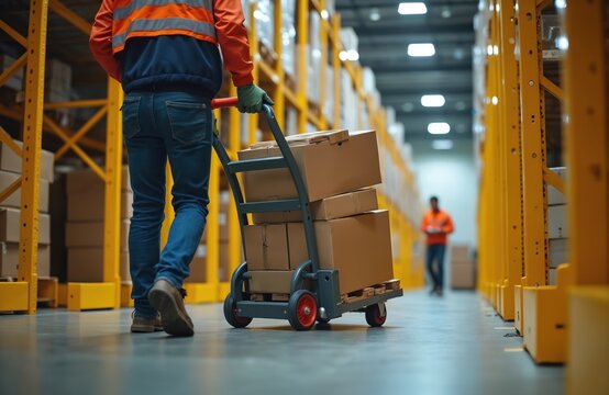Warehouse worker pushes cart with boxes down an aisle between tall storage shelves. Another employee works further back. Logistics and supply chain operation is shown.