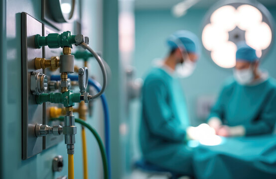 Medical gas outlet panel, tubes in operating room with surgeons blurred in background. Equipment provides oxygen, vacuum for patient care during surgery. Professionals work in clean sterile