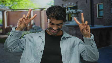Man smiles broadly and clenches fists on sunlit city street corner before a brick building facade;...