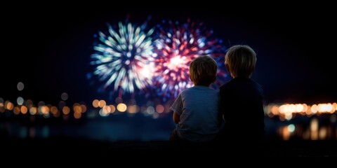 Boys enjoying colorful fireworks display in the night sky at a festive celebration