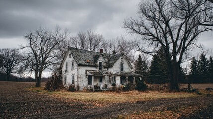Obraz premium Abandoned farmhouse stands lonely amid leafless trees in a quiet, desolate landscape