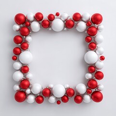 Square frame made of red and white christmas balls isolated on white background