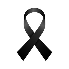 Black awareness ribbon symbol representing mourning, remembrance, melanoma awareness, and support for victims of violence and loss.