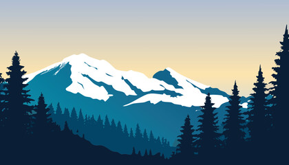 Mountain landscape with pine trees and snowy peaks in a flat design style