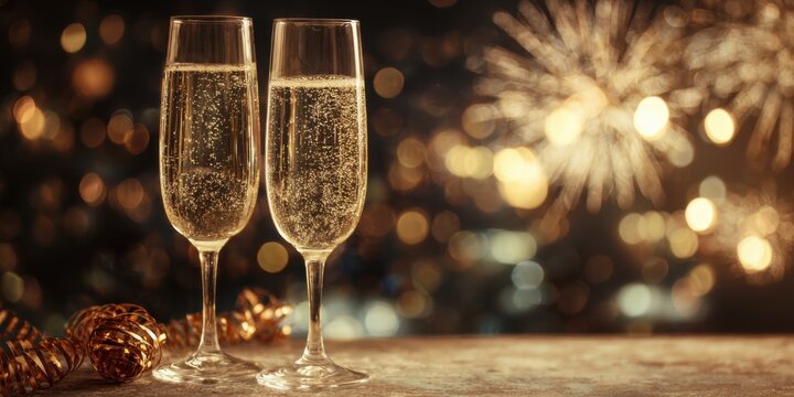Celebrate New Year's Eve with champagne and vibrant fireworks lighting the sky - Powered by Adobe