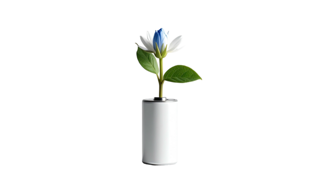 A singular white vase holds a delicate stem with green leaves and a blossoming blue-tipped flower