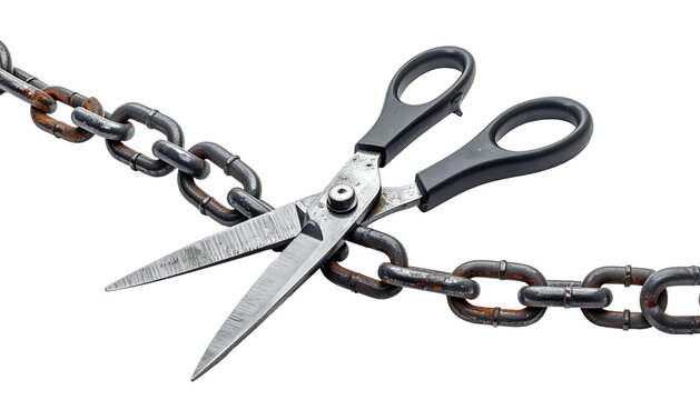 A pair of scissors cutting a rusty metal chain against a black background