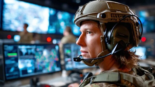Focused Sentinel in Tactical Command: A determined soldier, head encased in protective gear, intently observes strategic data on computer monitors within a command center.