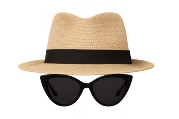 Straw fedora hat and cat eye sunglasses representing incognito