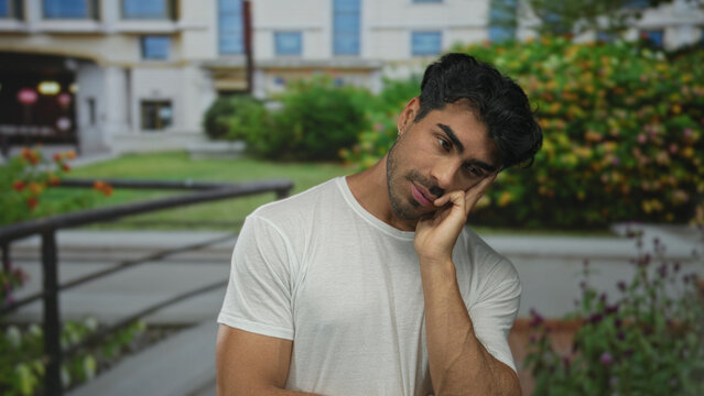 Hispanic man in casual white t shirt with hand on cheek on street near urban greenery looking thoughtful; contemplation.