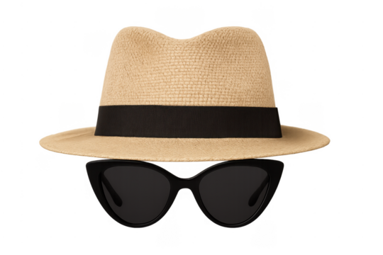 Straw fedora hat and cat eye sunglasses representing incognito