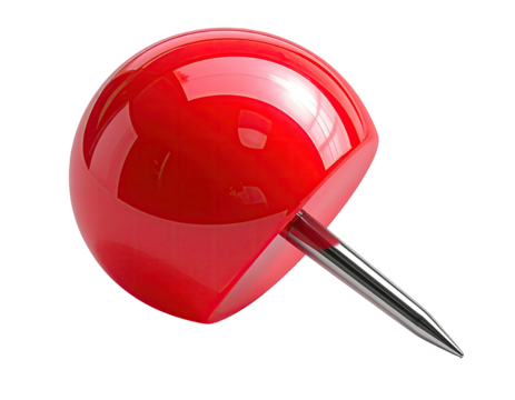 A realistic, glossy red pushpin, sliced on one side, with a sharp, silver metal point