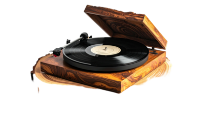 Close-up of open wooden record player with vinyl on a circular wooden stand, isolated