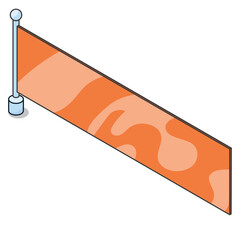 Isometric illustration of a flag banner with abstract orange and light orange wavy patterns on a light blue pole isolated on a white background