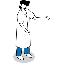 Isometric Illustration of a Person in a White Lab Coat and Blue Pants Presenting with Open Arms on a Transparent Background