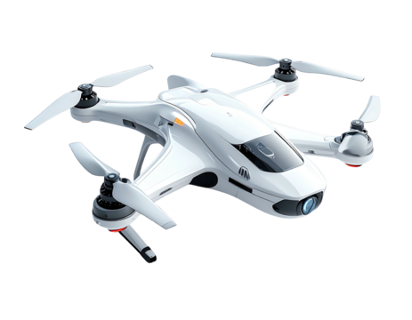 A futuristic, sleek, white drone with four propellers, isolated on a black background