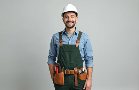 Smiling young craftsman poses in studio. Happy carpenter wears hardhat and uniform with tools on belt. Confident handsome builder in protective helmet looks at camera isolated on grey backdrop.