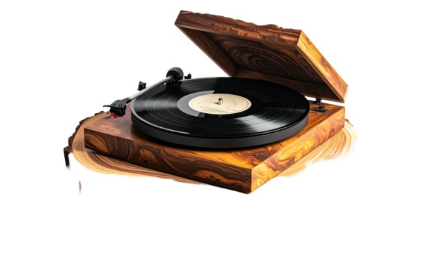 Close-up of open wooden record player with vinyl on a circular wooden stand, isolated