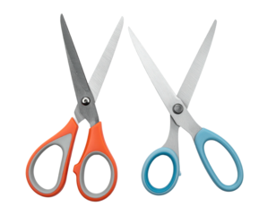 Two colorful scissors with ergonomic handles on a plain black background, blades open