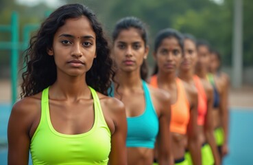 Indian women wear bright sports bras lined up for outdoor training session. Focused athletes prepare for athletic competition. Young females embrace healthy active lifestyle.