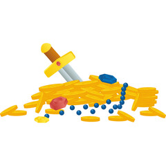 Illustration of a pile of golden coins with a sword stuck in it and scattered jewels and beads on a transparent background