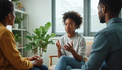 African American girl talks to family during therapy session. Teen solves problems at psychological office with psychologist. Patient discusses stress, finds support, assistance. Conversation about