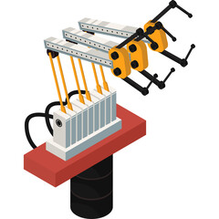 Industrial Robotic Arm with Grippers and Base on a Red Platform with Black Cylinder Background