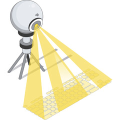 Isometric 3D graphic design showing a white camera on a tripod projecting yellow light beams onto a keyboard on a transparent background representing technology and digital input.