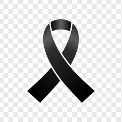 Black awareness ribbon symbol representing mourning, remembrance, melanoma awareness, and support for victims of violence and loss.
