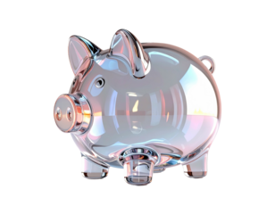 Rendered transparent glass piggy bank, isolated on a black background, with high reflectivity