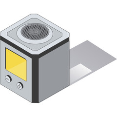 Isometric 3d illustration of a grey cube shaped portable air purifier with a yellow glowing window and silver grill top casting a soft shadow on a white background