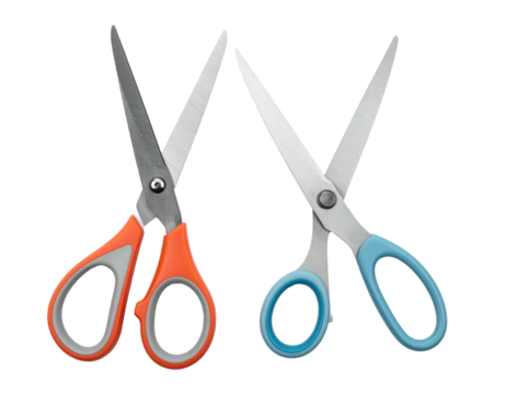 Two colorful scissors with ergonomic handles on a plain black background, blades open