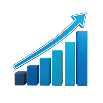 3d blue bar graph with upward arrow isolated on transparent background
